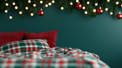 Cozy Bedroom with Plaid Blankets and Christmas Lights