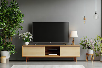 Interior mock up living room. cabinet for TV or place object in modern living room with lamp, table ,flower and plant