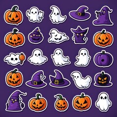Colorful Halloween-themed stickers featuring ghosts, pumpkins, and witches on a purple background.