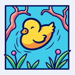 Yellow Duck Swimming in a Blue Pond Surrounded by Pink Flowers and Brown Tree Branches - Cartoon Vector Illustration