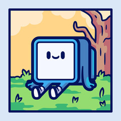 Television Cartoon Character Sitting on Grass with a Smiling Face and Playful Attitude in a Cheerful Outdoor Setting