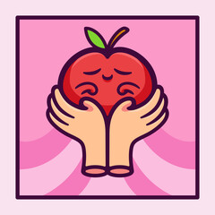 Heartwarming Cartoon Vector Illustration of Hands Cradling a Happy Red Apple with a Cute Face Against a Soft Pink Background