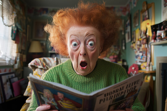 90 years old, very shocked face, pink sweater. she is reading a magazine.Vintage room, caricature