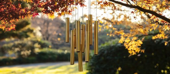 Charming brass tube wind chime, perfect for a pergola or garden setting.