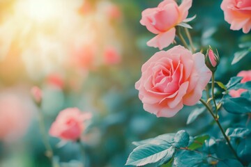 Obraz premium Beautiful blooming pink roses in a serene garden. The soft sunlight creates a warm glow, enhancing the natural beauty. Perfect for floral designs. Generative AI