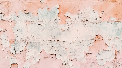 A textured wall with peeling paint, showcasing a mix of faded peach and white hues, creating an aged and weathered appearance.