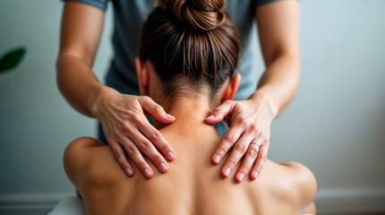 Obraz premium Close-up of woman receiving relaxing neck and shoulder massage therapy in spa setting, with focus on hands and skin, promoting wellness, relaxation, and stress relief