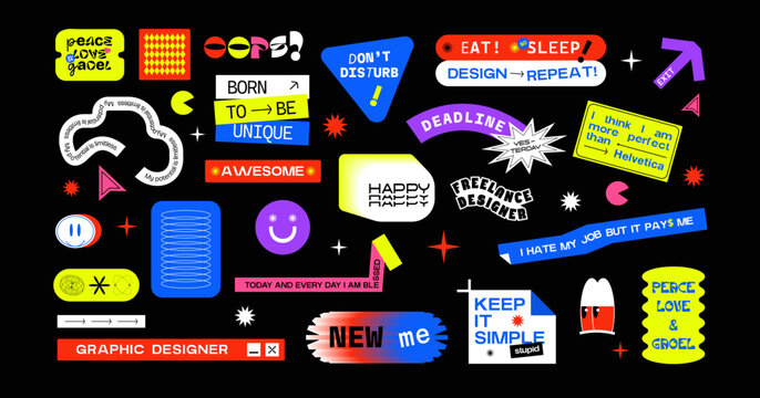 Graphic designer sticker pack. Self-motivation patches. Set of cool sticker pack vector illustration. Cool patches pack. Daily work affirmation sticker. Vibrant patch.