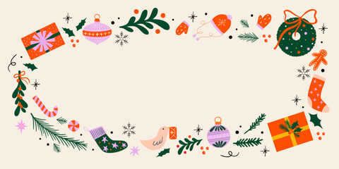 Title: Christmas background horizontal banner in cartoon retro style with blank space for text, Xmas frame, border with winter holiday seasonal vector illustration elements for design