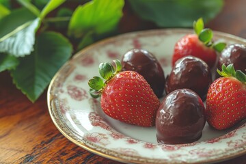Delicious strawberries dipped in rich chocolate on a vintage plate. A perfect dessert for any occasion. Indulge your senses with this sweet treat. Generative AI