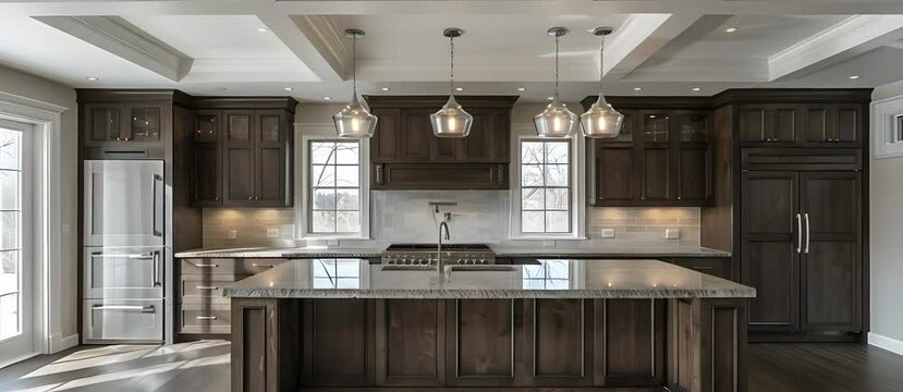 Classic modular kitchen design with dark oak cabinets.