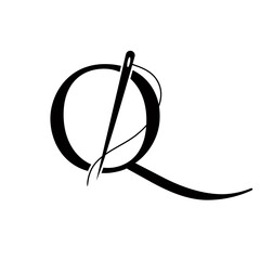 Tailor Logo On Letter Q Concept With Needle And Thread Symbol. Fabric Sign
