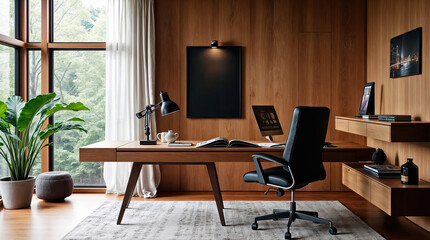 Modern home office with wooden walls, large windows overlooking nature, stylish desk, ergonomic chair, and minimalist decor, blending productivity and tranquility