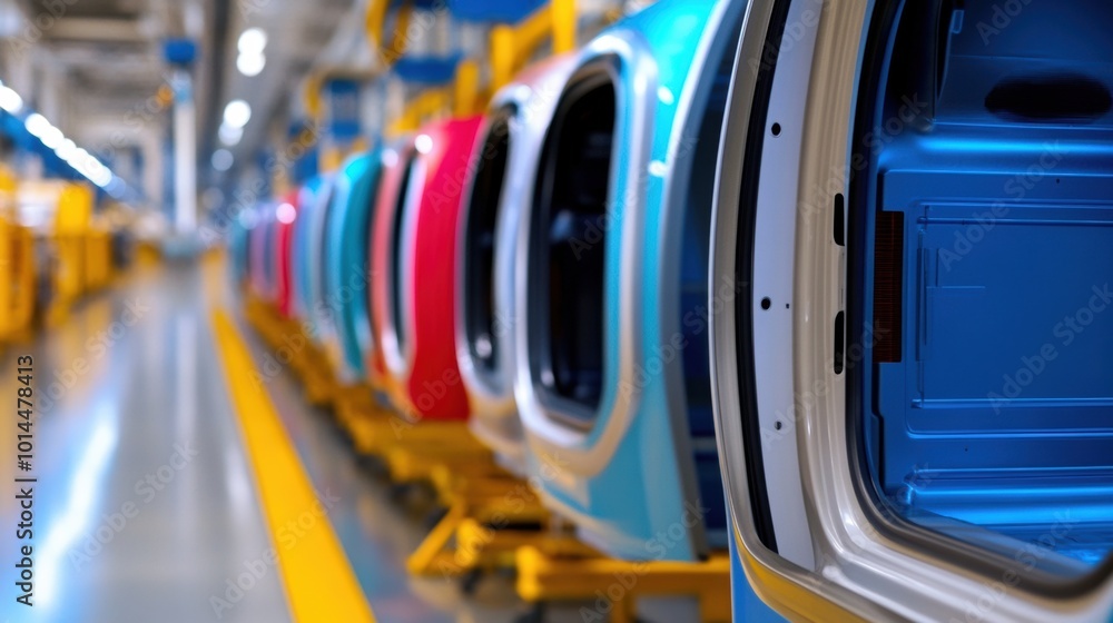 Poster a row of cars lined up in a factory with windows open, ai