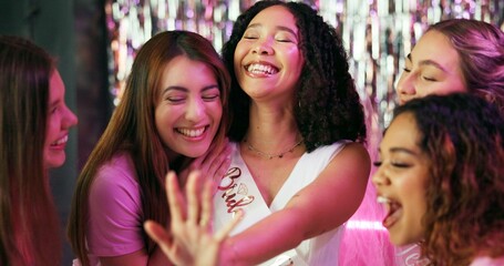 Bachelorette party, wedding ring and happy with friends at club for bride to be, announcement and night out. Support, bridal shower and celebration with people for social event, women and group