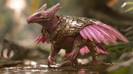 Obraz premium Majestic Armadillo Flamingo Hybrid Struts Through Vibrant Wetland - 3D Concept Art with Detailed Armor and Feathers