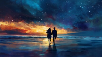 A couple walks hand-in-hand along a beach at sunset with a starry sky above.