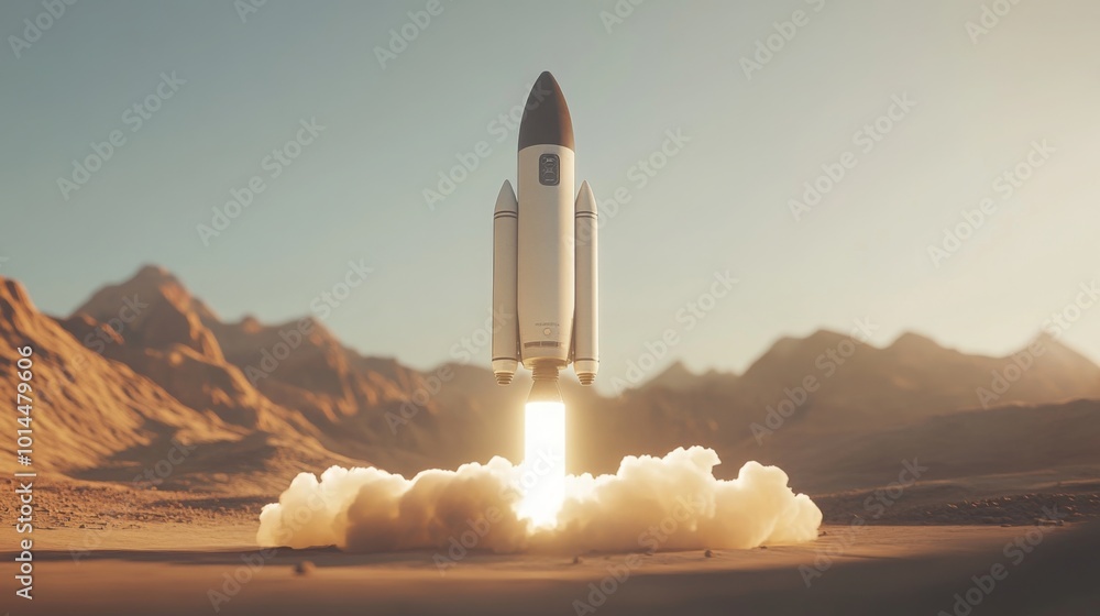 Poster a rocket is ascending into the sky, surrounded by rugged mountains. the launch occurs during golden 