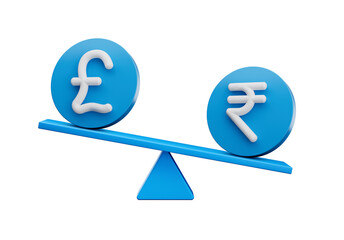 3d White Pound And Rupee Symbol On Rounded Blue Icons With 3d Balance Weight Seesaw, 3d illustration
