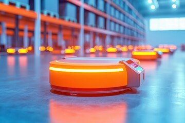 Automated robots with glowing lights in a warehouse setting.
