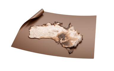 Map Of Australia Old Style Brown On Unrolled Map Paper Sheet, 3D illustration
