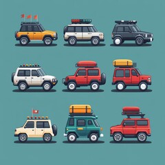 Set of   Cartoon SUV Cars with Roof Racks and Accessories