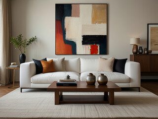 Modern living room interior featuring cozy, plush white sofas a wooden side table with decorative items, and minimalist decor. The space is enhanced by a large abstract painting and a soft rug