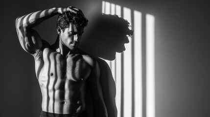 A man in black and white posing with his shirt off, AI