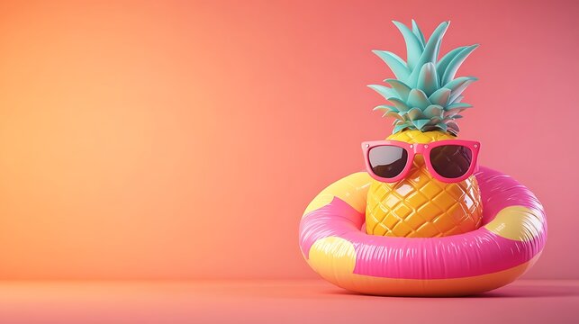 A pineapple wearing sunglasses floats in a pink and yellow pool ring against an orange background.