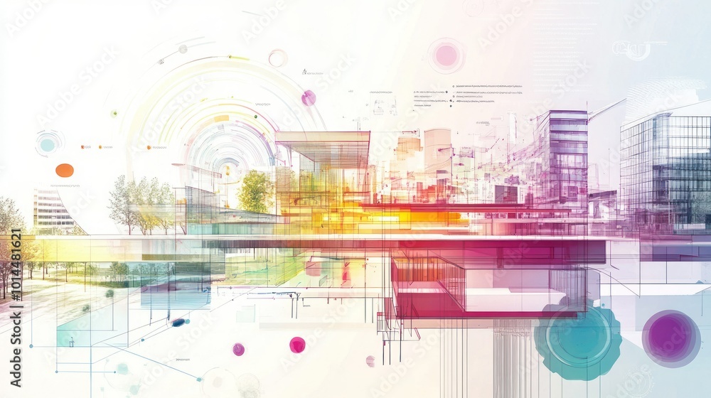 Poster abstract watercolor rendering of cityscape with geometric elements