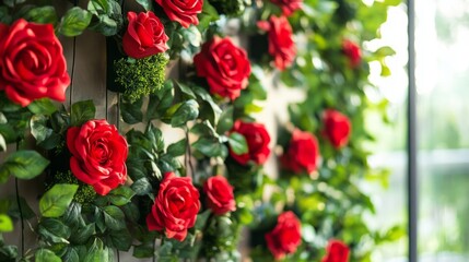 A vibrant wall display of red roses intertwined with lush green foliage, featuring elegant cut-outs, illuminated by soft natural light from clear windows