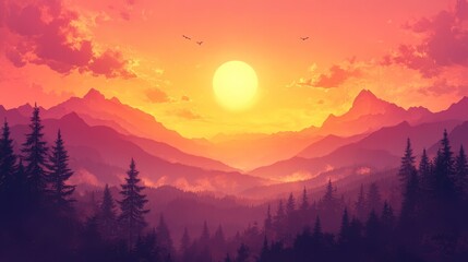 Majestic Mountain Sunset Landscape with Forest Silhouette