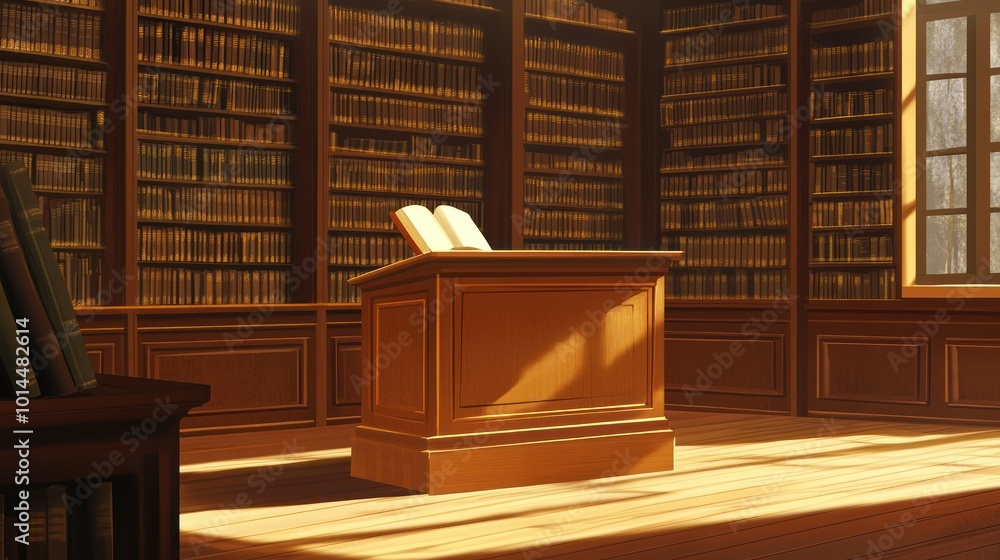 Poster A Wooden Lectern with an Open Book in a Library with Sunlight Streaming Through a Window