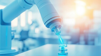 Robotic arm dispensing liquid in laboratory setting.