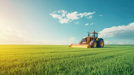 Fototapeta premium Tractor working in lush green field under blue sky