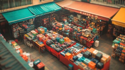 Naklejka premium Vibrant market stalls with colorful goods, aerial perspective.