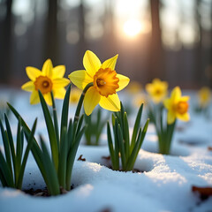 Naklejka premium Cheerful yellow daffodils emerging from melting snow.