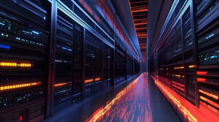 Fototapeta premium A futuristic data center corridor illuminated with vibrant lights, showcasing rows of servers and high-tech connections.