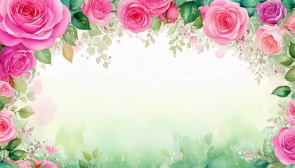 Delicate pink roses framing the top and bottom with soft green leaves. watercolor illustration, for border, wreath, frame. Perfect wedding stationary, greetings, fashion, background.