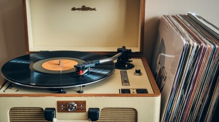 A vintage phonograph with a stack of vinyl records, perfect for a retro music theme. The image evokes a sense of nostalgia and classic music.