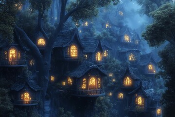 Nighttime fantasy houses in magic forests