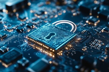 The cybersecurity padlock on a circuit board