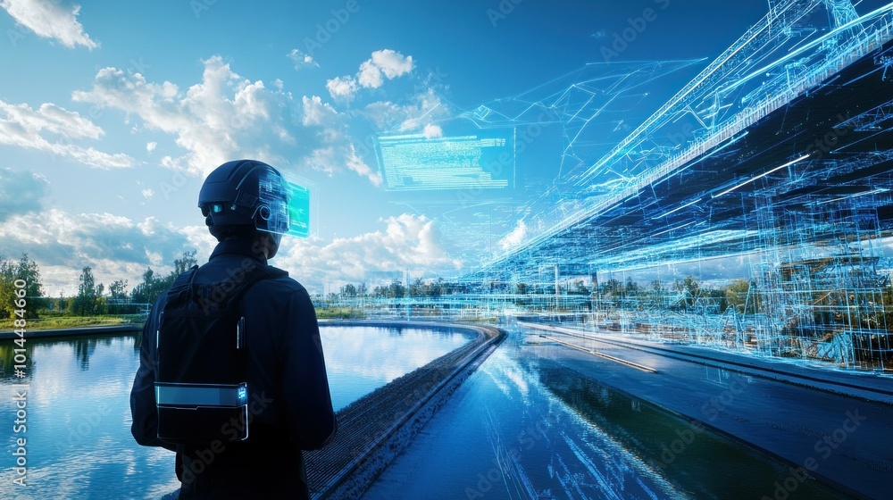Aufkleber a worker in a helmet and augmented reality suit looking at a digitalized landscape