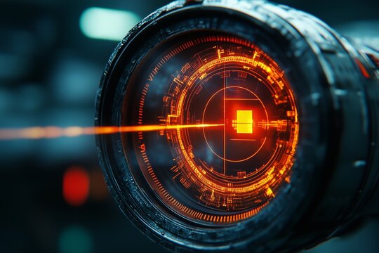Futuristic eyes on military weapons, sniper aim pointer.