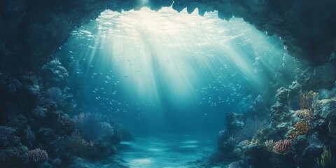 Obraz premium Underwater cave with sunlight shining through, a school of fish swimming through.