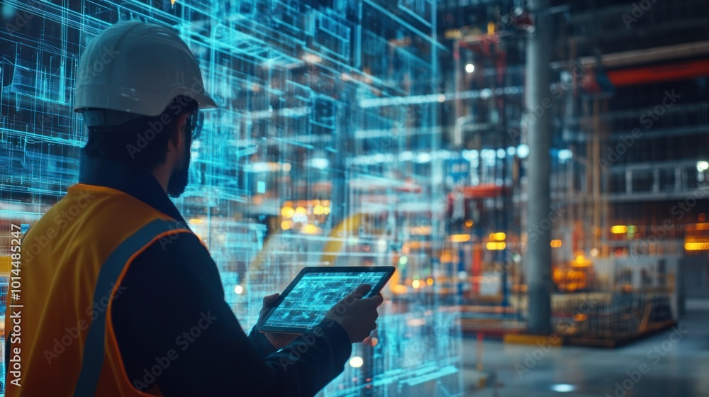 Aufkleber Construction Worker Using Augmented Reality Tablet for Project Visualization