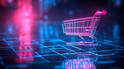 A shopping cart on a digital grid with neon lighting.
