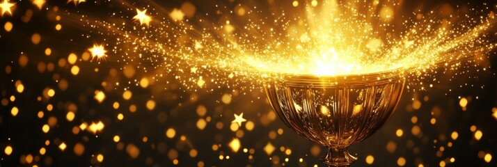 A detailed 3D illustration of a golden trophy with shining stars and mystical light rays emanating from it, symbolizing victory and magic