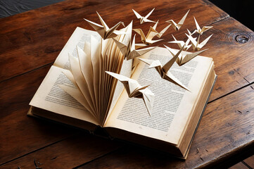 A book with a paper origami bird flying. An art form that transforms paper into the shape of birds.