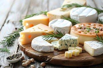 Gourmet Cheese Selection with Rosemary on Rustic Wooden Platter